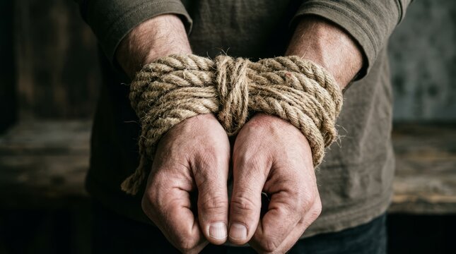 Tightly bound hands with rough rope, conveying a sense of struggle and helplessness.