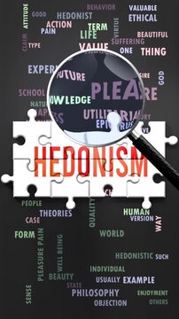 Hedonism under magnifying glass, being researched, studied and examined. Most important subjects and ideas closely related to hedonism written around a puzzle to symbolize complexity of hedonism.