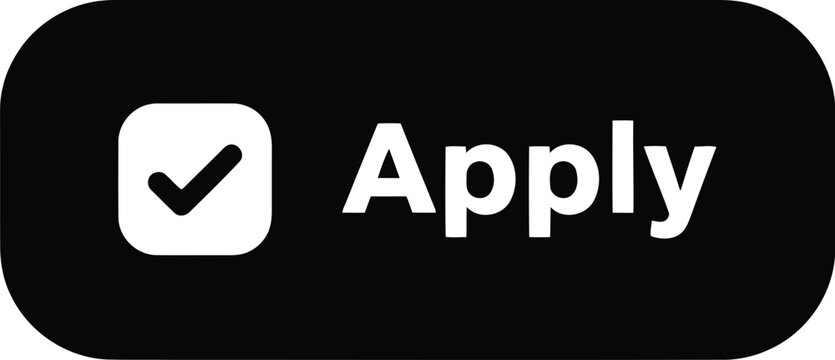 Black Apply Button with Checkmark Icon on Rounded Rectangle UI Element Isolated on White