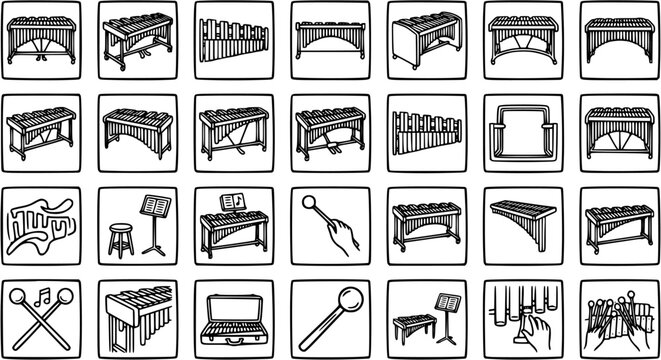 Music Percussion and Mallet Instruments Black  White Line Art Icons Set. Xylophones, Marimbas, Vibraphones, Glockenspiels, and Music Accessories Glyphs.