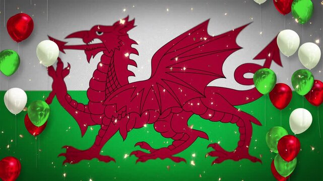Loop, winner, award, Welsh flag, national flag, celebration, event, soccer, football, rugby, cricket, background, player introduction, confetti, red, white, green, balloons, copy space, Wales.