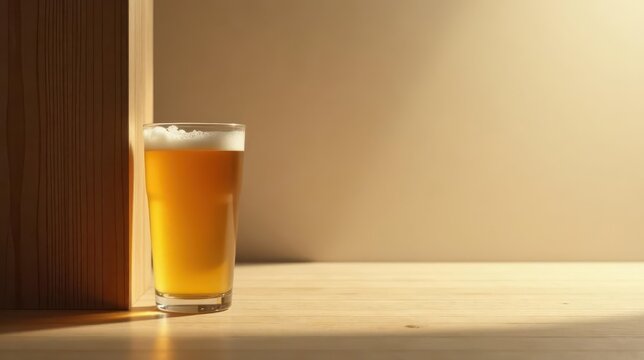 A refreshing pint of golden ale rests on a light wood surface, bathed in soft sunlight next to a light wood plank.