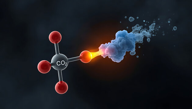 Carbon Dioxide Molecule Releasing Oxygen Atom in a Fiery Reaction, Illustrating Chemical Transformation and Environmental Processes