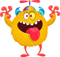 Fototapeta premium Cartoon cute and funny monster creature character design with scary horns and face expression waving hands . Vector illustration. For Halloween party decoration design