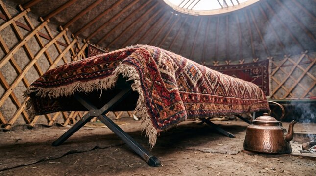 Foldable camping cot with ethnic patterned rug inside traditional smoky yurt, nomadic glamping and cultural travel concept