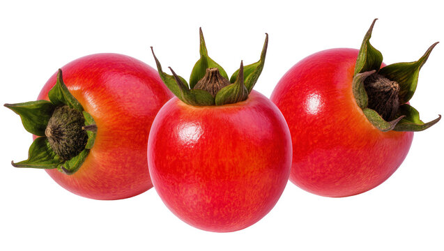 Three ripe red rose hips with green sepals