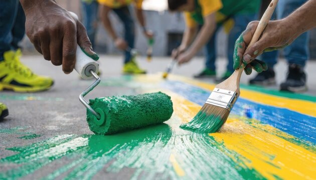 Group of people painting a colorful mural on the ground with rollers and brushes