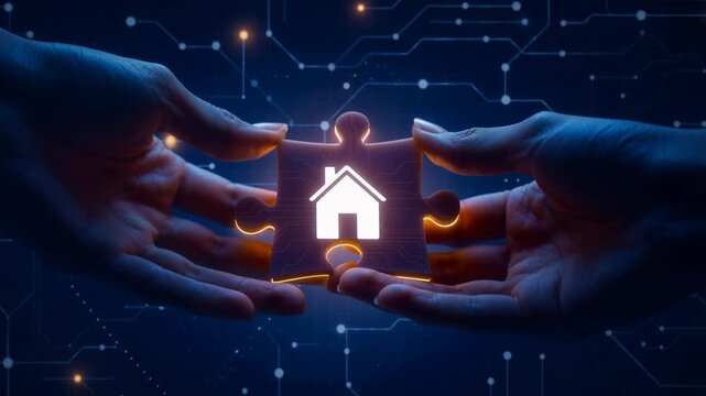 Hands holding illuminated puzzle piece with house icon representing real estate technology and smart home concept