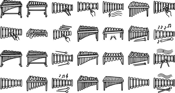 Musical Instruments Black and White Line Art Icons: Hand-drawn Xylophone and Mallet Percussion Instrument Collection with Music Notes