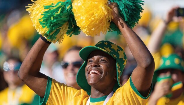 A joyful brazilian soccer fan cheering with green and yellow pompoms in a stadium crowd