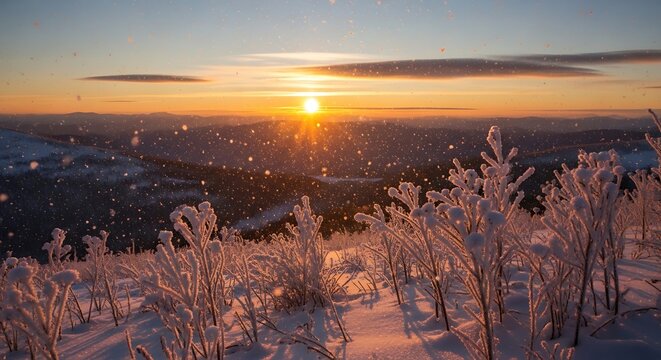 Snowy mountain sunset with frosted plants with golden hour landscape view.
