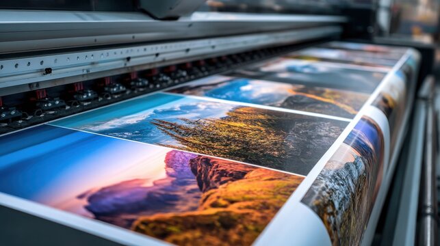 Large format digital industrial printer printing vibrant landscape photographs on a paper roll