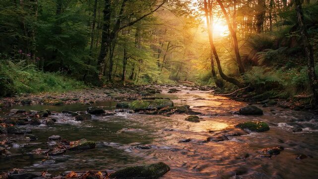 Serene forest river flowing through green trees at golden hour sunlight nature landscape