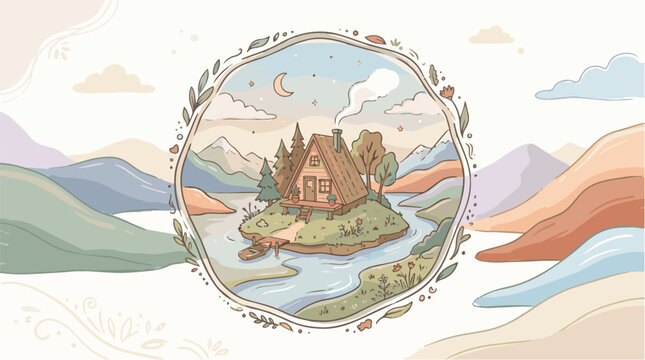 Whimsical landscape illustration, fantasy house, mountain scenery, scenic illustration, decorative border
