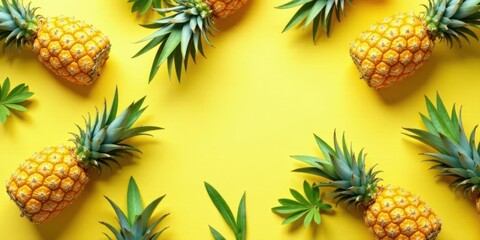 Fototapeta premium Vibrant Yellow Background Featuring Fresh Pineapples and Lush Green Foliage Arranged in a Symmetrical Pattern
