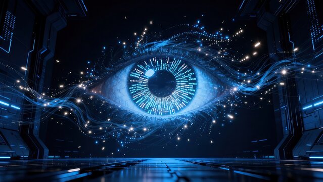 Cyber tech robotic human eye closeup with glowing digital code iris, futuristic AI backdrop for tech conference and digital industry poster design