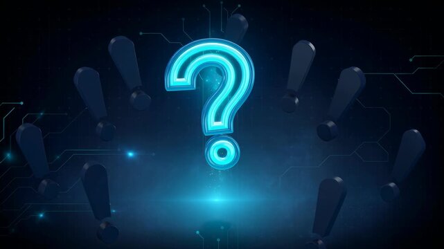 Glowing blue question mark surrounded by dark exclamation marks on futuristic digital background