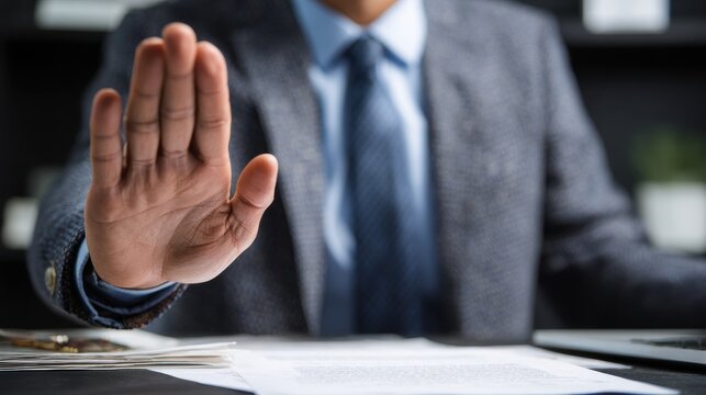Businessman showing stop gesture with hand while sitting at office desk with documents