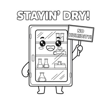 Cute desiccator cabinet mascot keeping things dry, science laboratory equipment cartoon outline illustration for kids coloring book.