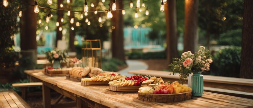 Outdoor banquet table with wooden serving plates, cheese, fruit and flowers. Rustic wedding reception catering arrangement under hanging string lights in garden. Evening event dining.