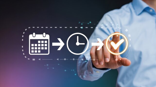 Business touching a virtual interface showing a calendar clock and checkmark representing efficient time management and successful project completion