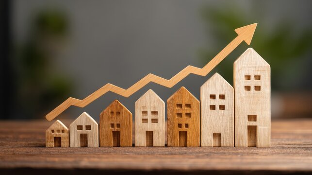 Rising real estate market prices and property growth concept with wooden house models and upward arrow