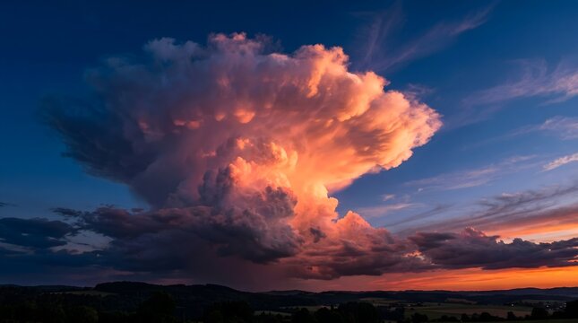 Dramatic cumulonimbus storm cloud at sunset, vibrant orange and pink clouds over dark landscape, majestic thunderhead in evening sky background