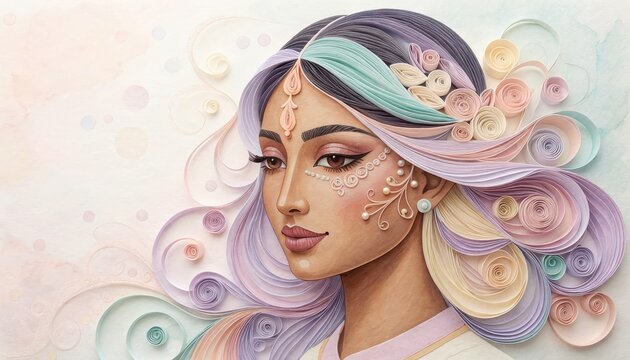 Women portrait paper quilling concept. Elegant artistic portrait of a woman with floral and swirl patterns