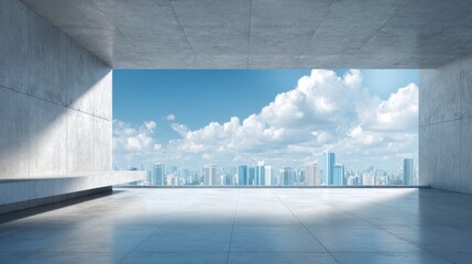 Fototapeta premium Modern concrete balcony overlooking city skyline. Architectural view of skyscraper from minimal interior space. Concept of urban lifestyle, business development and future city design.