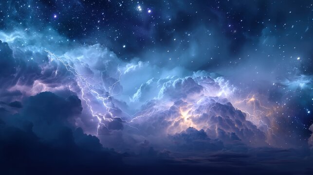 Lightning bolt illuminating dark storm clouds in night sky. Cinematic view of electrical discharge in atmosphere during summer thunderstorm. Universe star field and cosmos weather.