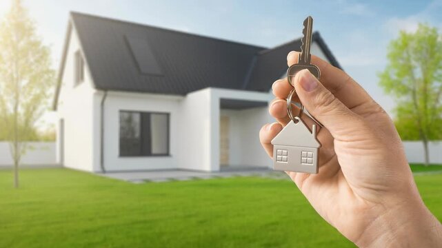 Modern house with green lawn and hand holding house shaped key for real estate and home ownership concept