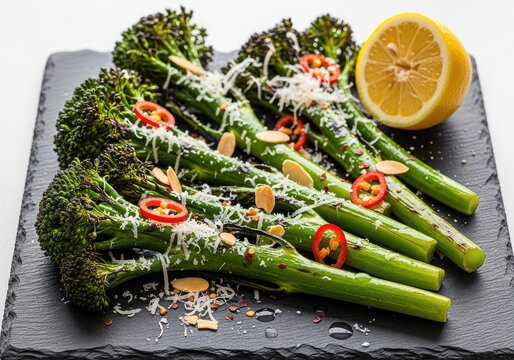 Grilled broccolini with chili, almonds, and parmesan on slate