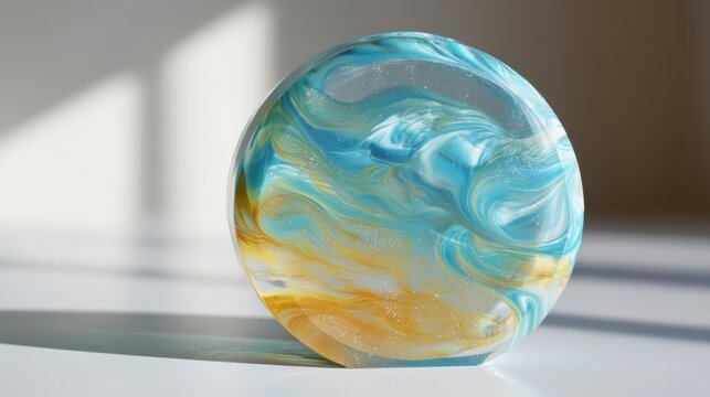 Abstract blue and gold glass sculpture. Round decorative paperweight with swirling liquid effect. Modern home decor element representing ocean wave and sand. Interior design accessory.