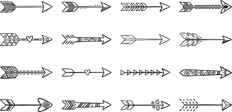 Hand drawn decorative arrow vector set featuring tribal bohemian style feathers and hearts for creative doodle design and rustic wedding invitation ornament elements