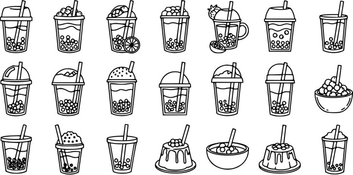Black and White Line Art Bubble Tea and Boba Desserts Vector Icons. Outline Doodle Collection of Tapioca Pearl Drinks, Puddings, and Sweet Treats for Food Niche.