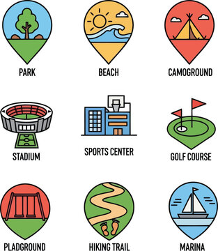 Colorful flat location icons set for park, beach, campground, stadium, golf course and marina