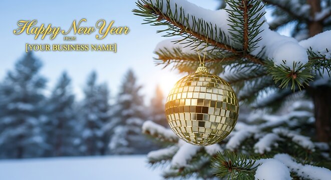 Sparkling Golden Disco Ball Christmas Ornament on Snowy Pine with Happy New Year.