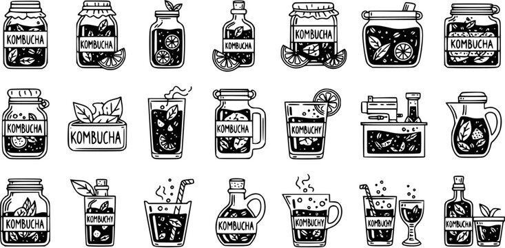 Kombucha Beverage Black and White Line Art Icons Set. Hand-Drawn Outline Illustrations of Fermented Tea Drinks in Jars, Bottles, and Glasses for the Food Niche.