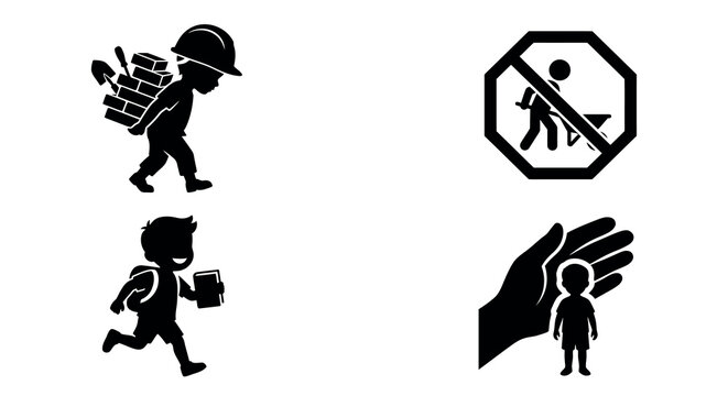 Construction Worker And Safety Sign Silhouettes Black On White Background