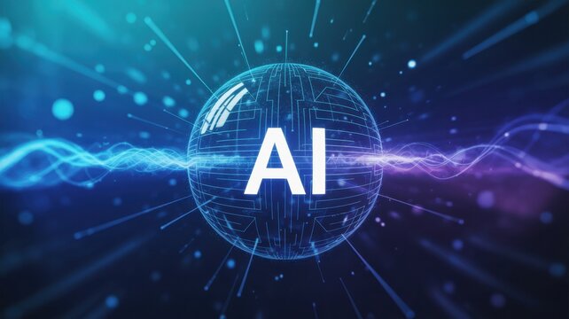Futuristic artificial intelligence concept featuring a glowing blue digital sphere with circuit patterns and light streaks radiating in a dark high-tech background space