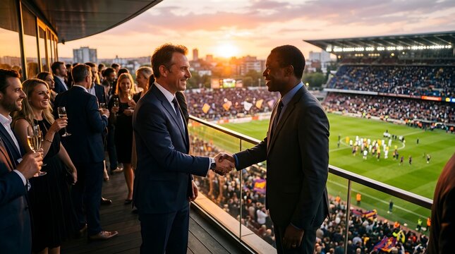 Two businessmen shaking hands at a sporting event during sunset