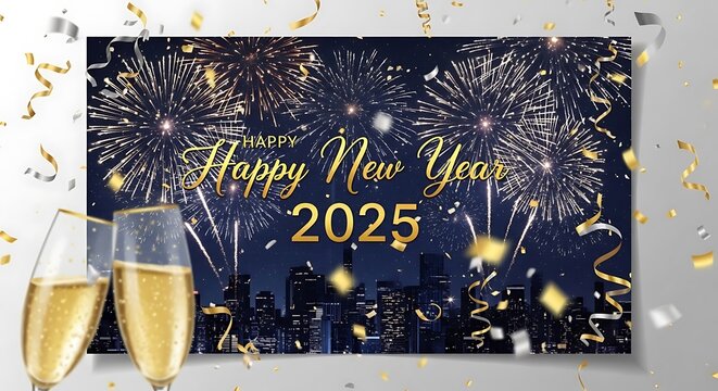 Sparkling New Year 2025 with Fireworks  Champagne in Cityscape Background.