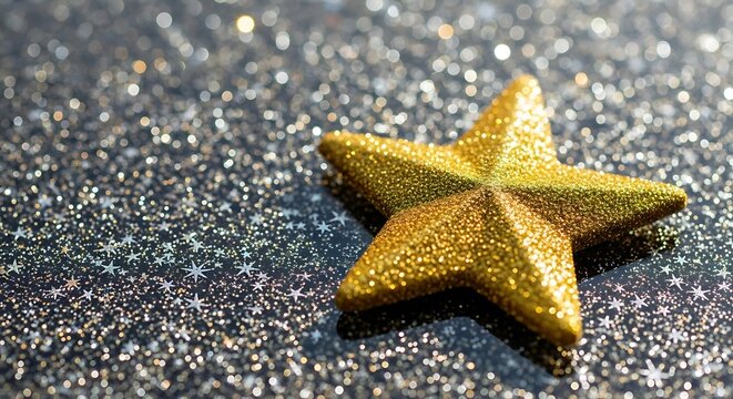 Sparkling Golden Star on Glittering Black Surface with Festive Background.