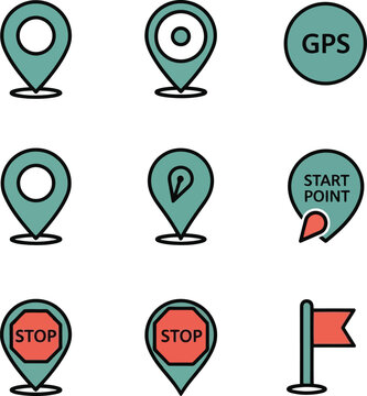Set of colorful location pin icons for GPS navigation, map markers, start point, stop point and waypoint symbols