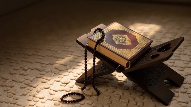 Holy quran book placed on a wooden rehal stand with prayer beads resting beside it on a textured surface illuminated by soft warm natural sunlight for spiritual peace
