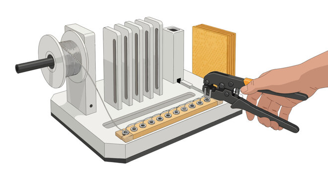 Hand using crimping tool with wire stripper next to connector set and cable roll