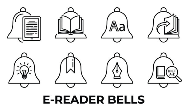 E reader bell notification icons outline version tablet book font size change refresh light bookmark pen.