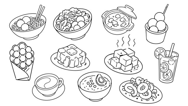 Hong Kong food vector line art set with dim sum, noodles, egg waffles, tofu, tea, dessert, and lemon drink icons. Hand drawn black outline Asian street food menu clipart for microstock design.