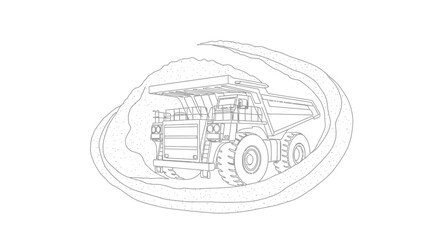 Mining Dump Truck in Earth Swirl Outline Drawing © Wachi