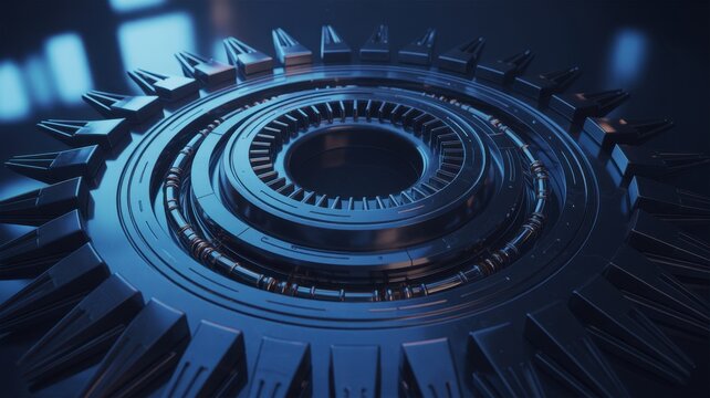 Intricate mechanical gear mechanism with radial and blue ambient lighting for tech industrial engineering and advanced robotics component visualization